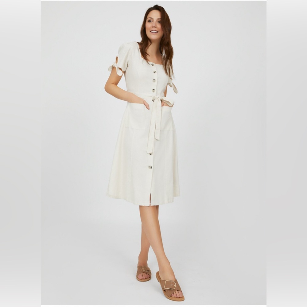 Belted linen button down midi dress